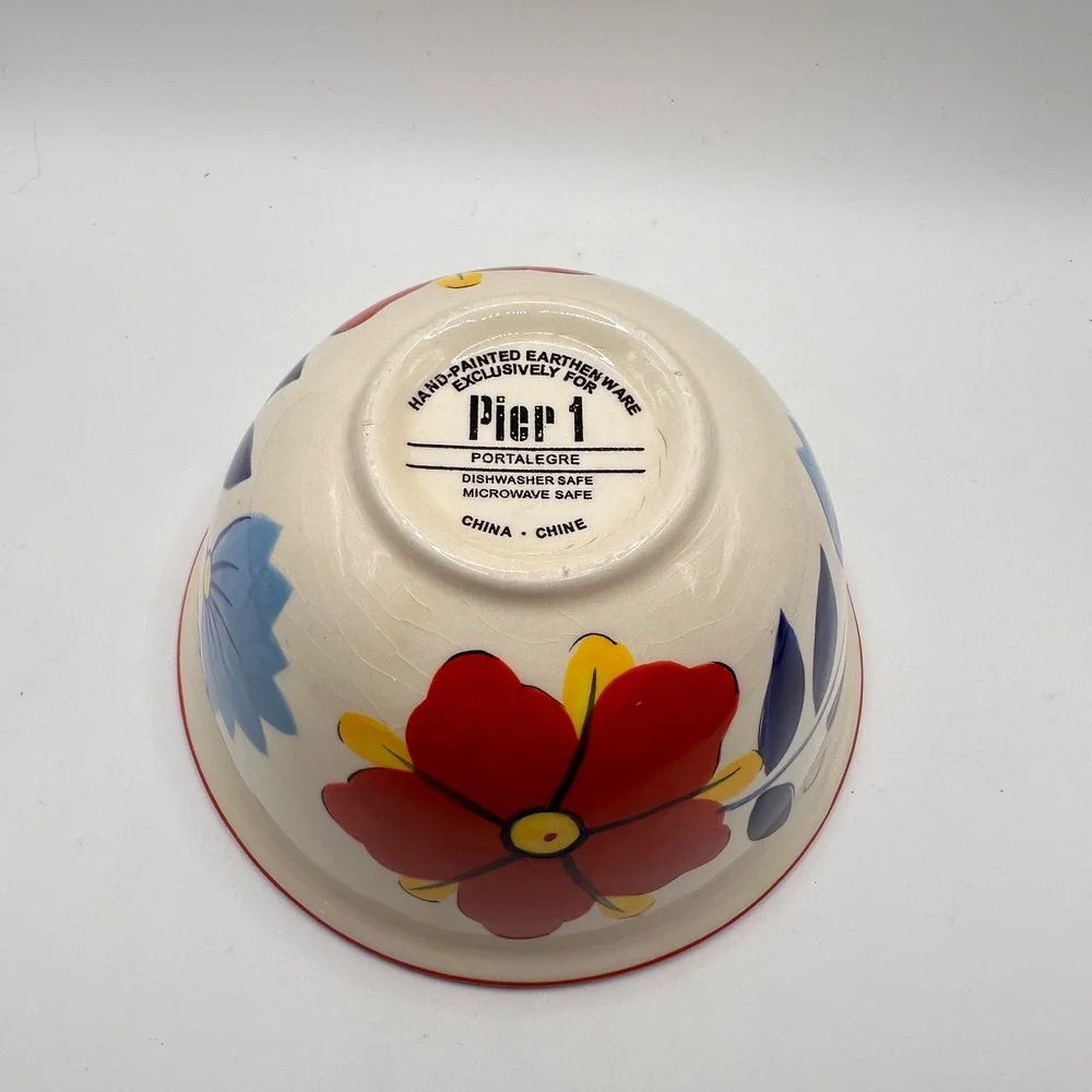 Pier 1 Alegre Hand Painted Earthenware Floral Cereal Bowl Red Blue Yellow 5.5in